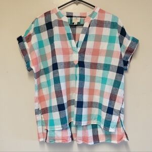 St Johns Bay Womens Plaid Short Sleeve Linen Blend Tunic Blouse Size PMedium